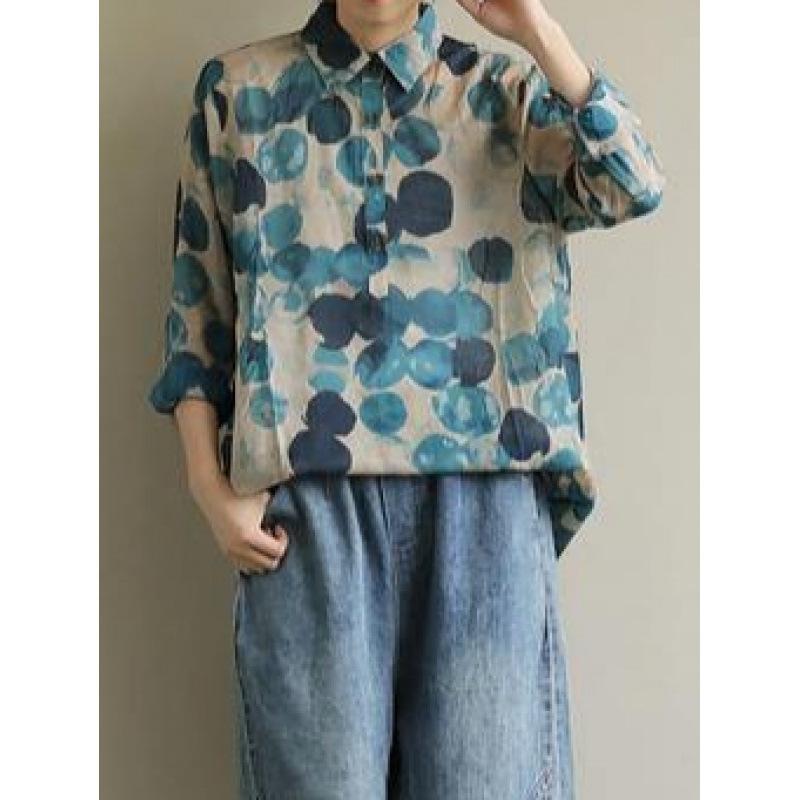 1116 autumn women's lapel cotton and linen large size loose long-sleeved buttons, women's pullover printing, pure cotton shirt