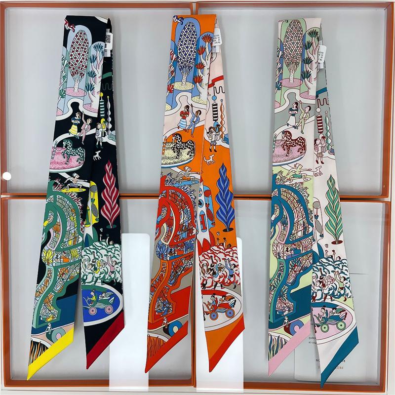 100% Silk High Quality Luxury Brand Goods Scarf Women Headband Foulard Tie Ribbon Neckerchief Skinny Scarves Hair Accessories
