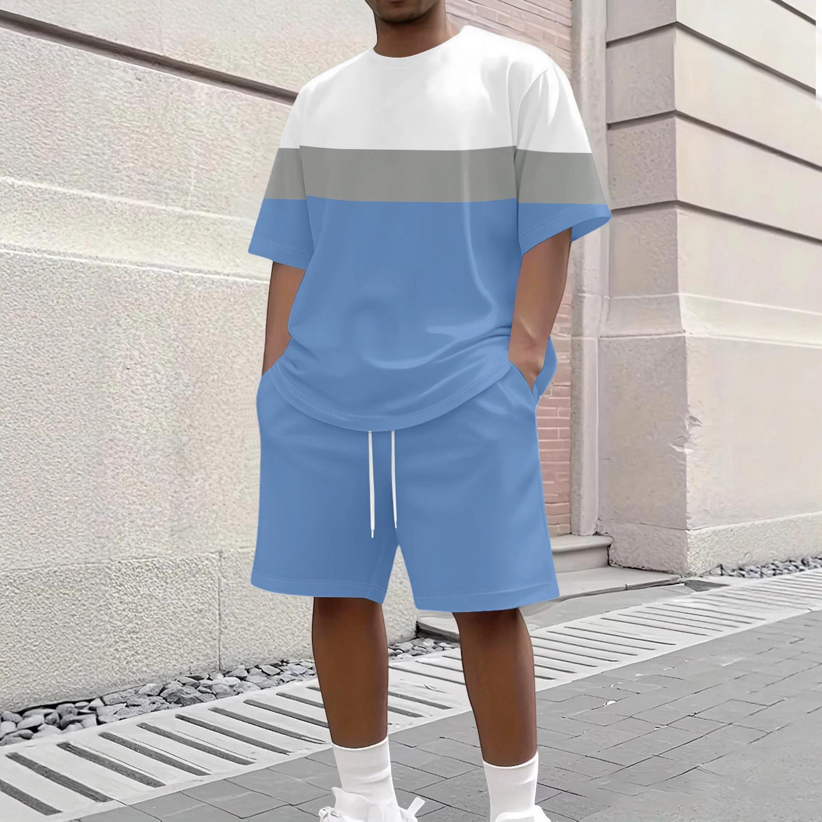 

Men s Casual Short Sleeve Crew Neck T-Shirt and Shorts Set Lightweight Breathable Fabric Relaxed Fit Summer Outfit S синий