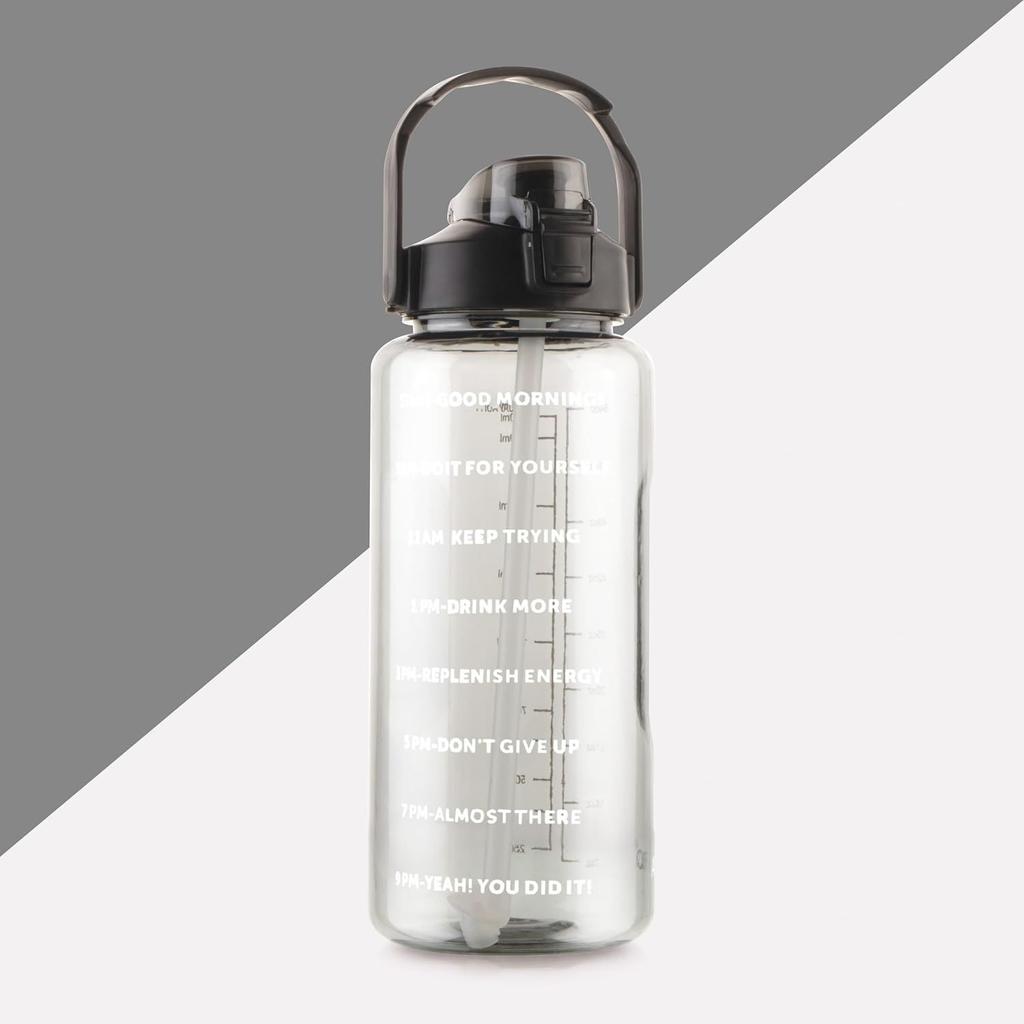 Smasher 2 Liter Quotes & Time Marker Sports Bottle With Easy To Carry Handle & Straw BPA Free, Leak Proof for Gym, Office, Workout- Black, Plastic