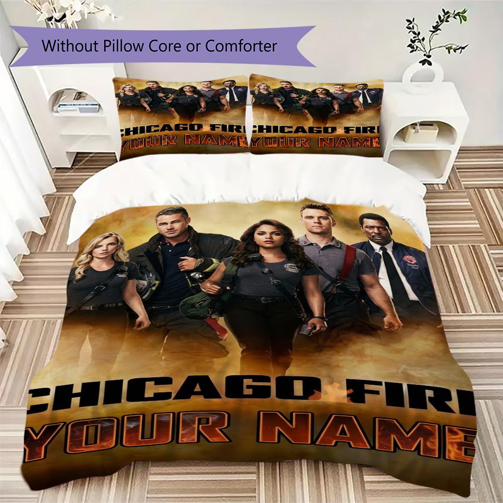 Custom Name Chicago Fire Pattern Bedding uilt Set uilt Cover Pillowcase Home Decoration Birthday Gift (1*duvet cover+2*pillowcase without core)
