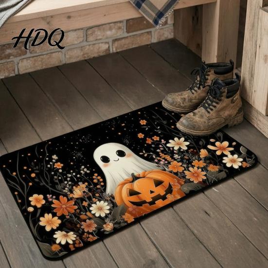 Absorbent Bathroom Rug Halloween Bath Mat Pumpkin Ghost Bat Pattern Rug Living Room Carpet Machine Washable Non-Slip Gothic Area for Entrance