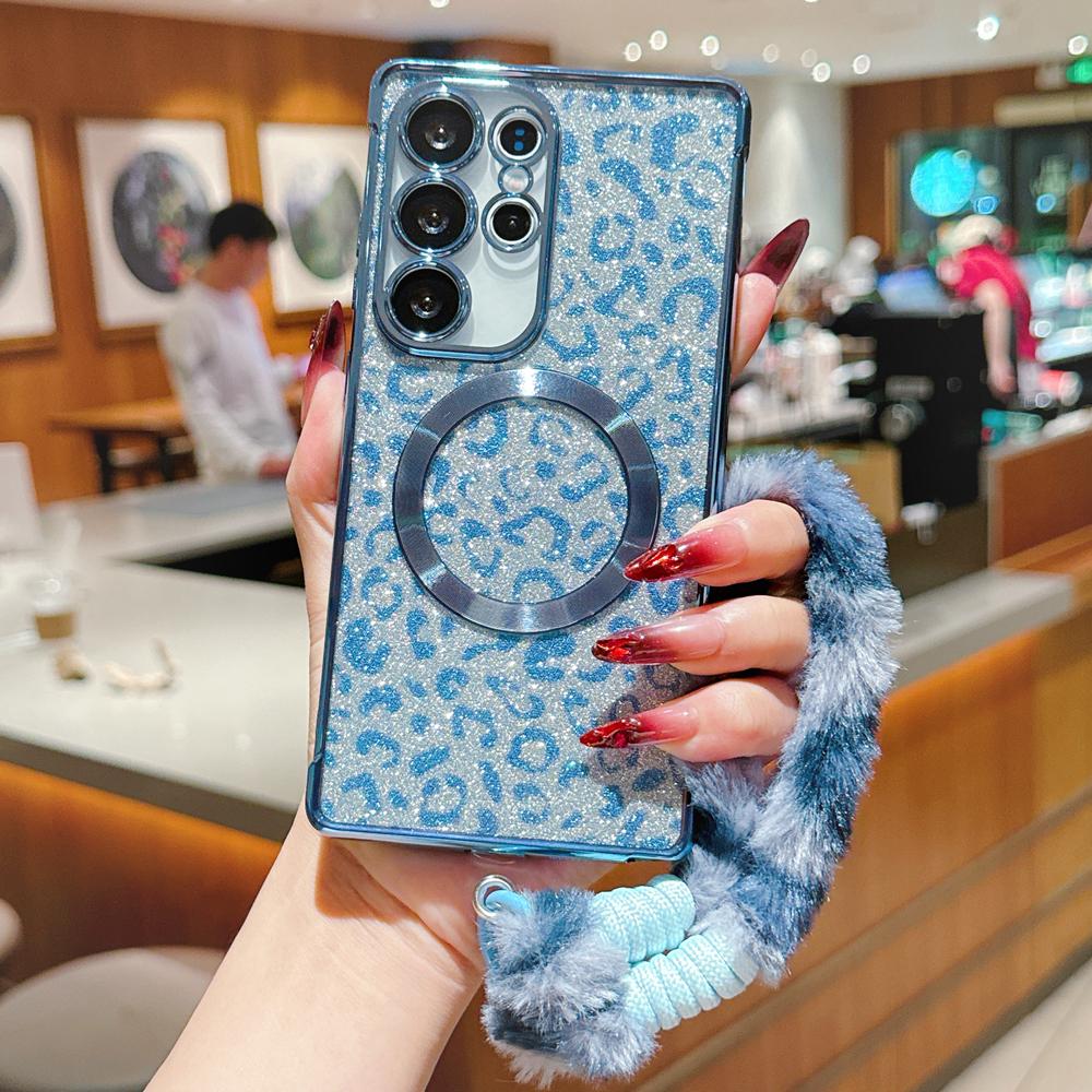 KEYSION Glitter Leopard Print Magnetic Phone Case for Samsung Galaxy S21 S22 S23 S24 S25 S26 Ultra S26+ S25 FE With Plush Lanyard Shockproof Cover