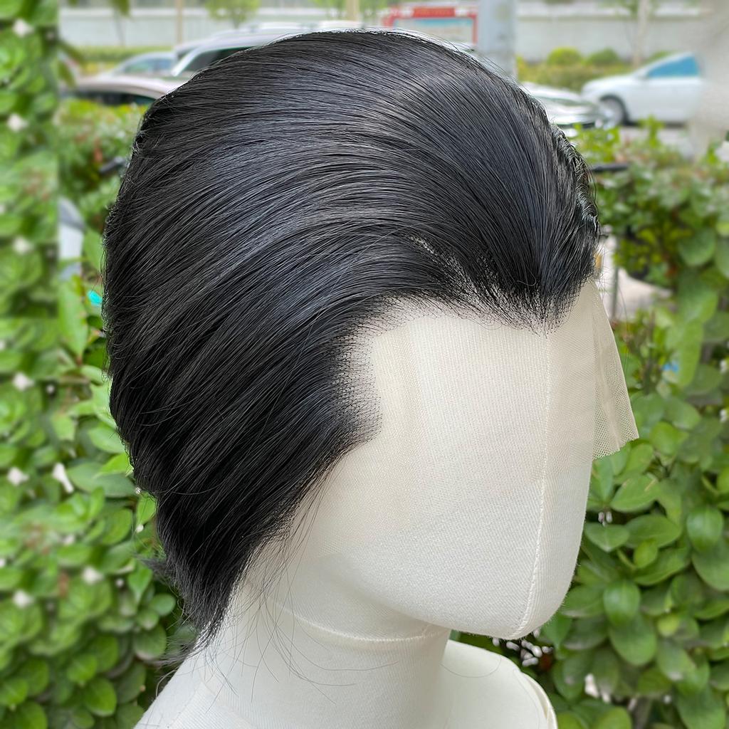 Peruci Sintetice Negru Jet Vârf de Văduvă pentru Bărbați Peruci cu Plasă 13x4 Tuns Scurt Bob Peruci Cosplay pentru Femei Densitate 150% Fără Lipici
