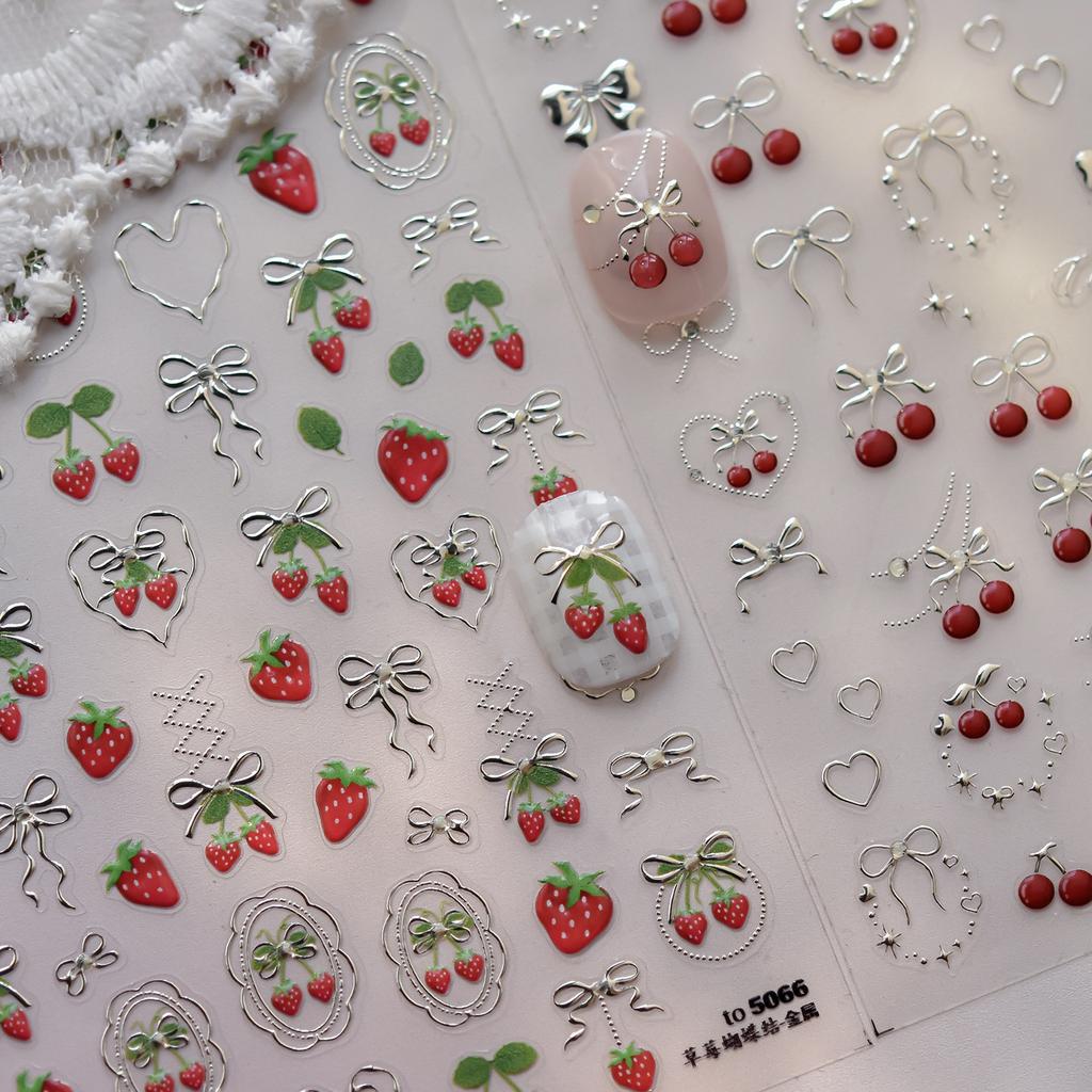 Sweet Strawberry Bow Nail Art Stickers 5D Gold Silver Strawberry Cherry Metal Nail Stickers DIY Nails Decoration Decals