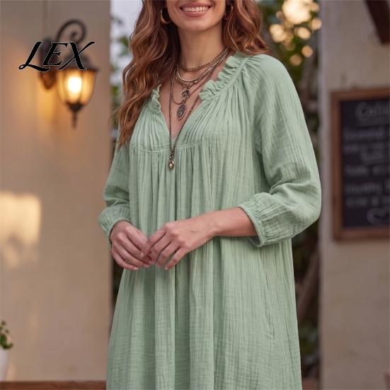 3/4 Sleeves Maxi Dress Bohemian Ruffle V-Neck Long Dress, for Comfortable Women Dresses Women, Solid Color Casual Loose Spring Fall Flowy