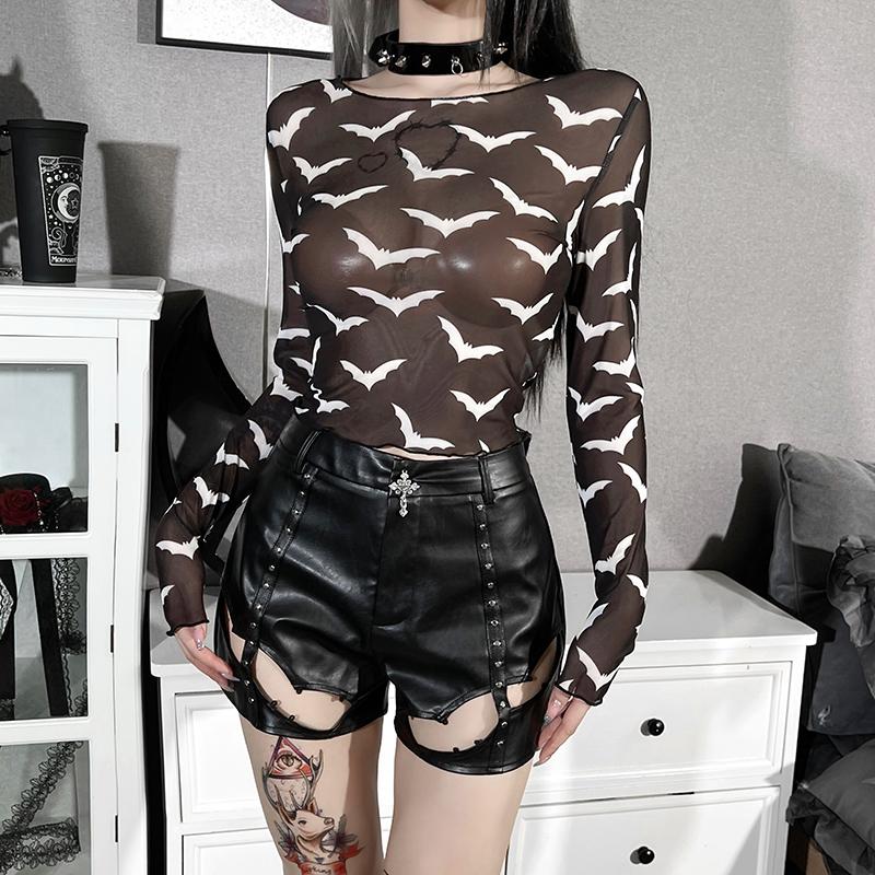 Gothic See Through Mesh Bat Long Sleeve T-Shirt Fairy Grunge Elegant Fungus Edge Basic Tee Elf Girl O-Neck Dress Up Top