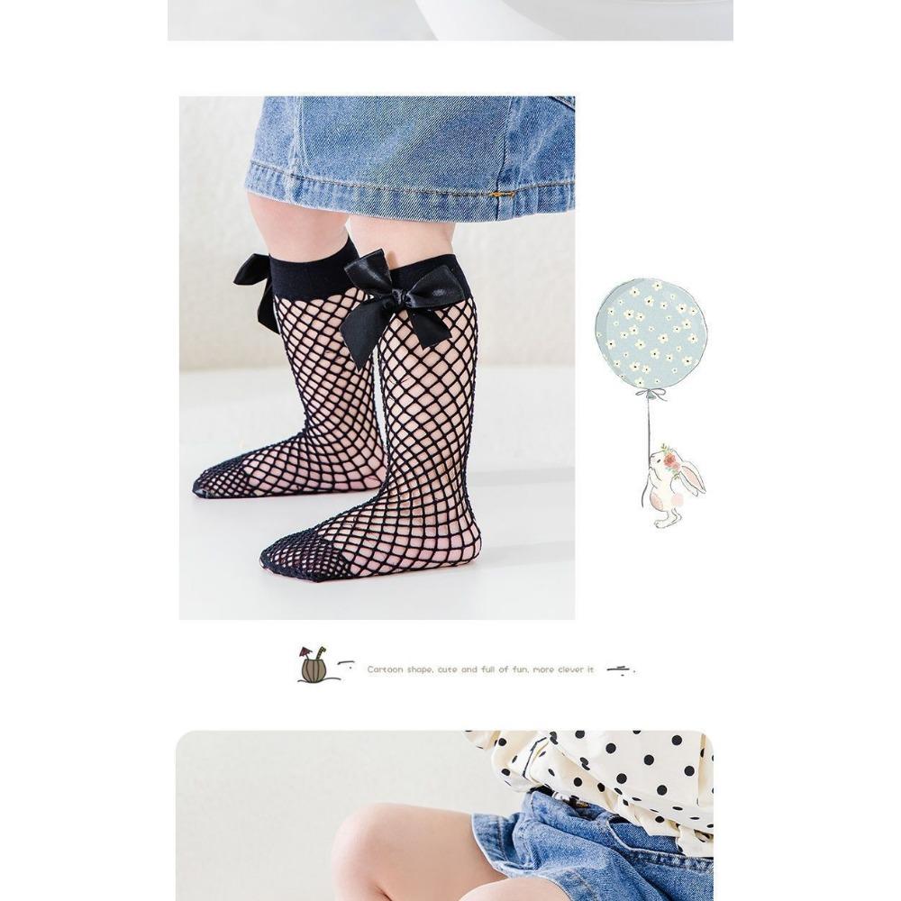 Spring Parent-child Small and Medium Grid Fishing Net Socks, Sexy Big Bow Women's Net Socks, New Medium and Long Socks.