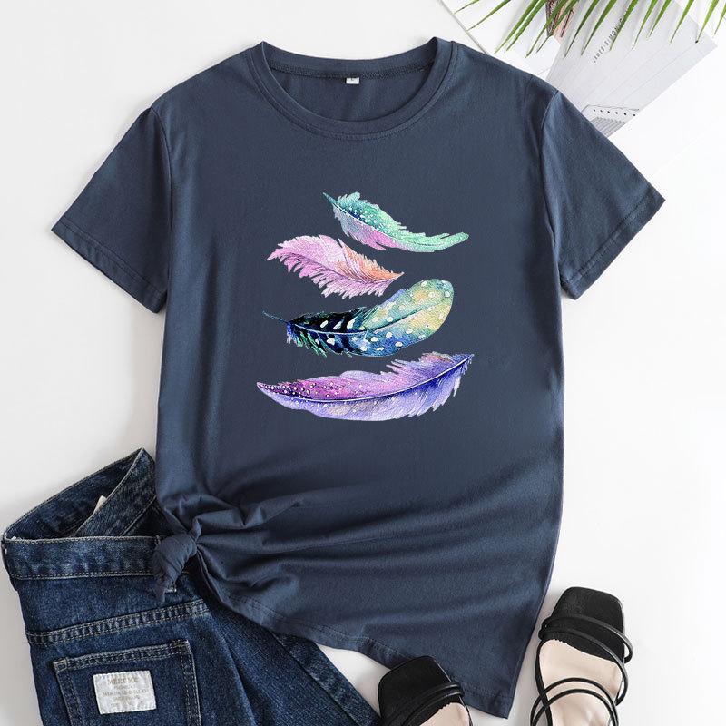 Summer Round Neck Colorful Feather Print Top Fashionable Casual Cute Short Sleeved Women's Pure Cotton T-shirts