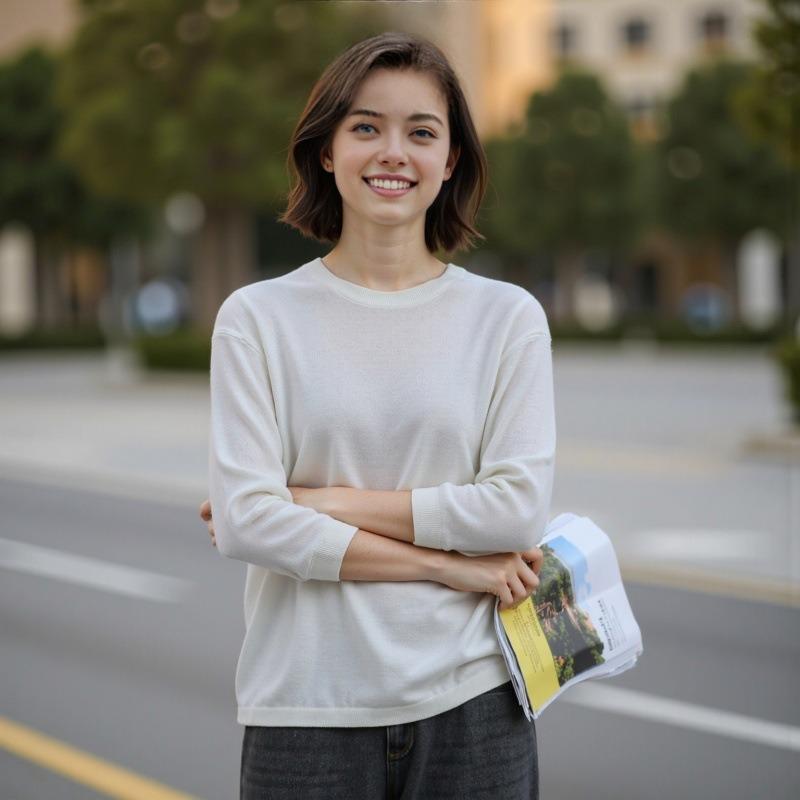 Wool round neck loose pullover knitted bottom women's age-reducing inner short-sleeved sweater