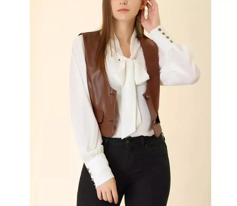 AL KHALID Party Brown Leather Stylish Button Vest Coat Waist Coat Lambskin Western Women