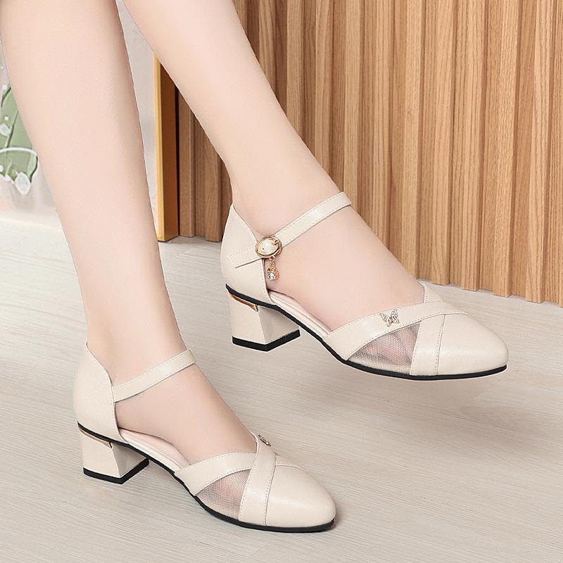 5cm Close Head Breathble Mesh Soft Leather Shoes Platform Sandals 2025 Spring Summer Women's Med Block Heels Sandals Office Mom