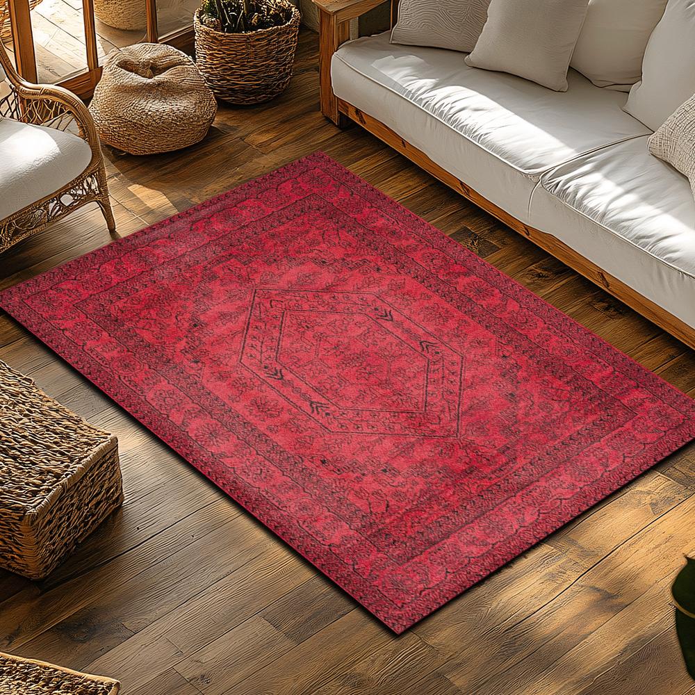 Red Bohemian Area Rug, Ethnic Pattern Non-Slip Carpet, Cozy Living Room Mat for Natural Home Decor
