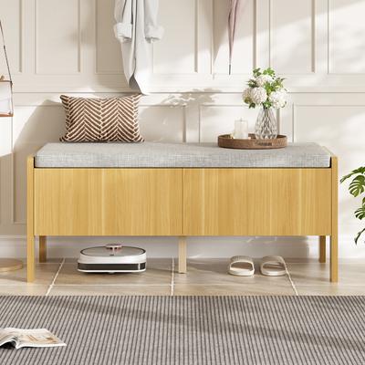 Shoe Bench, Storage Bench, Seating Cabinet, Side Panels with Rattan Weave, 2 Drawers, Color: Natural, Dimensions: 113 × 45.5 × 40 Cm