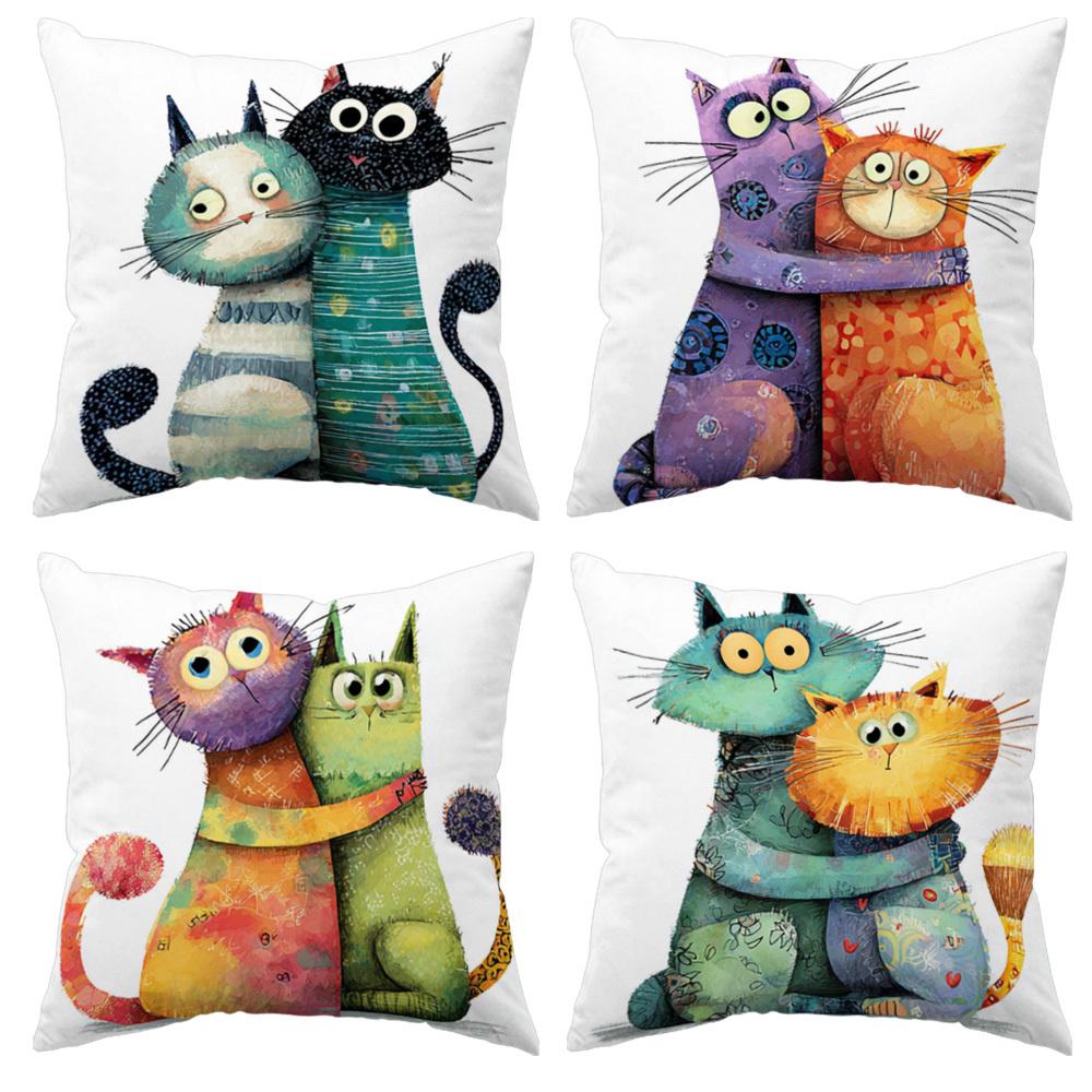 

4 Pillow Covers Home Decor Bedding Accessories Cute Cat Theme Cushion Covers 35x35cm 4pcs
