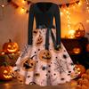 Damen Vintage Halloween Print V-Ausschnitt Kleid, Kurzarm Swing Kleid für Lässige Party