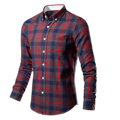 Men's Plaid Shirt Long Sleeve 100% Cotton Casual Slim Buttons Business Social Dress Shirts Blouse Mens Clothing