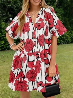 Womens Floral Button Down Shirt Dress Puff Sleeve Loose Fit Summer Mini Dress