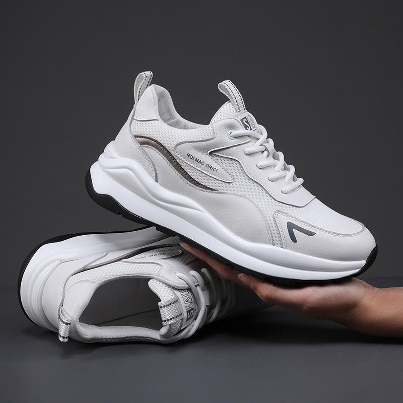 Real Leather Sports Shoes for Men Summer Mesh Breathable White Shoes Men's Versatile Thick Soled Dad Shoes