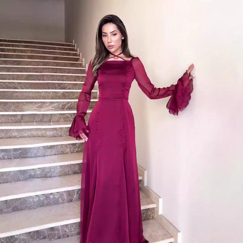 

2025 Spring Banquet Formal Dress Gentle Wind Chiffon Frill Elegant Bandage Slim dress Party Dress Burgundy 2XL