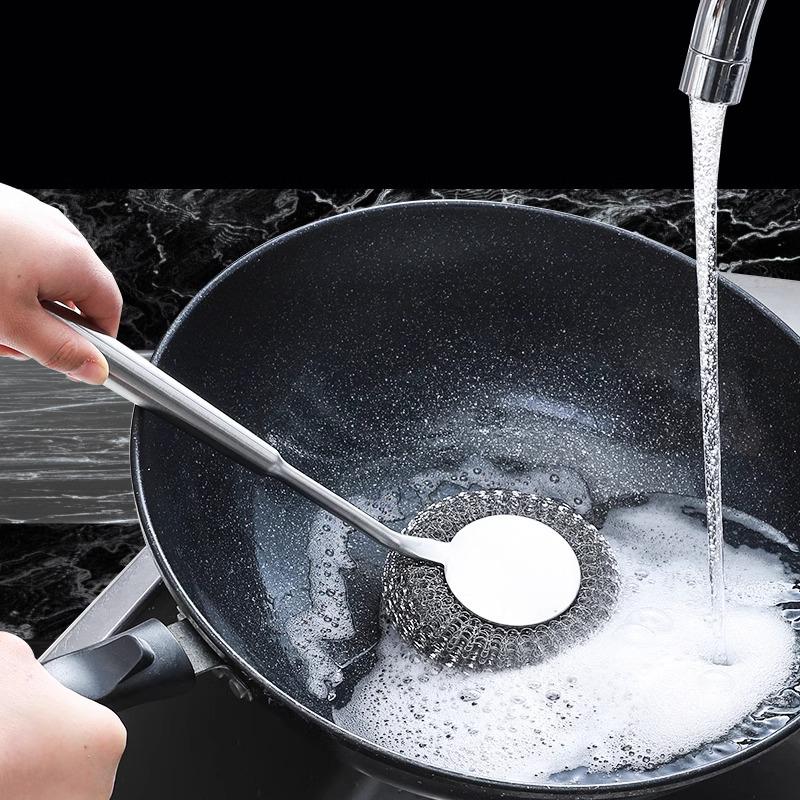 304 Nerezová ocel Dlouhá rukojeť Závěsný kartáč na hrnce s Vyměnitelnou vlnou pro Domácnost Kuchyň Mytí Nádobí.
