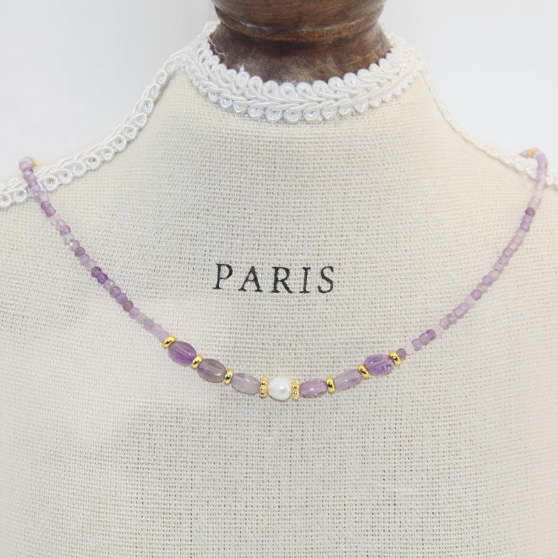Frühlings-/Sommer-Süßwasserperlen- & Aquamarin-Kristall-Amethyst-Halskette - Perfekt für Studenten & beste Freunde