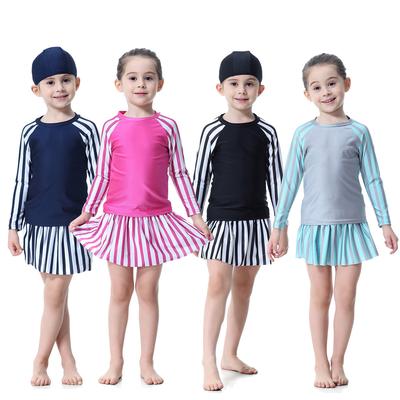 Maiô de duas peças para meninas, traje de banho de manga comprida com divisão para crianças, traje de banho com listras islâmicas