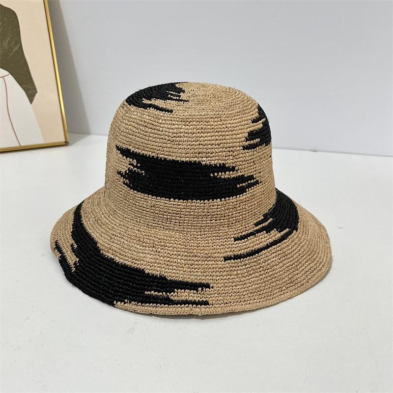 

Fashion Camouflage Jacquard Natural Raffia Grass Bucket Crochet Straw Hat Foldable Sun Caps 56-58cm adult чорний