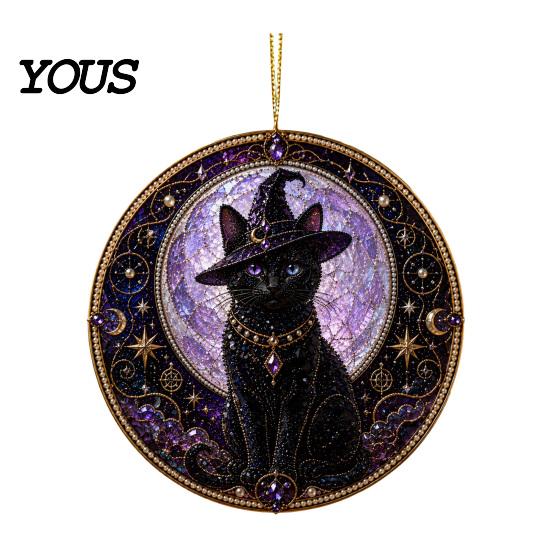 Symbolic Love Keepsake Black Cat Pearl Diamond Art Painting Ornament, 2D Flat Acrylic Cute Piece Hanging Suncatcher, Beaded Pattern Window Wall