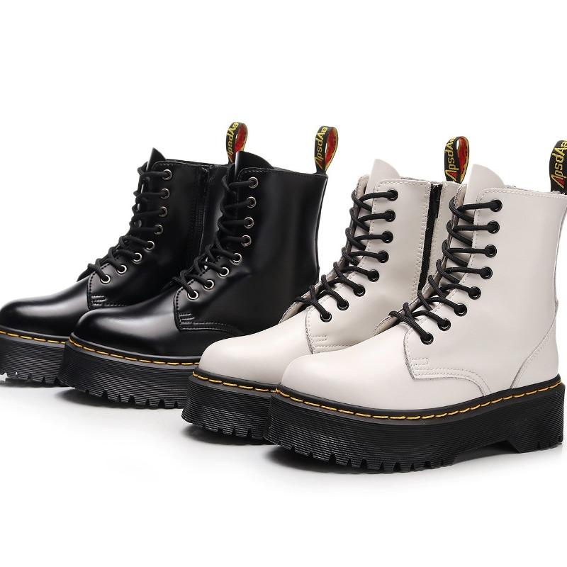 Leder dicke Sohle Loch Martin Stiefel Damen High-Top Seitenreißverschluss Britische Kurzstiefel Muffin-Sohle Schnürung Damenstiefel