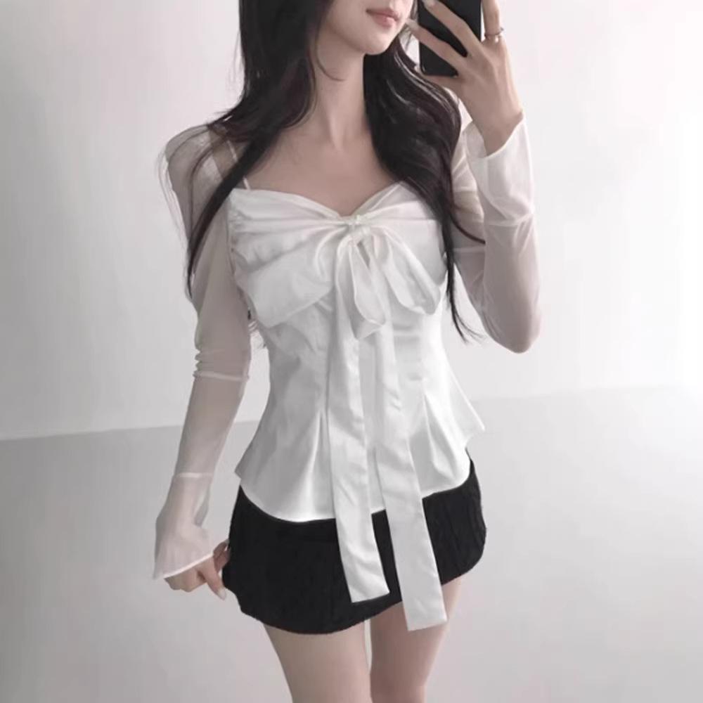 Женская приталенная французская атласная блузка-бандо с бантом, шифоновая, весна 2026 One Size