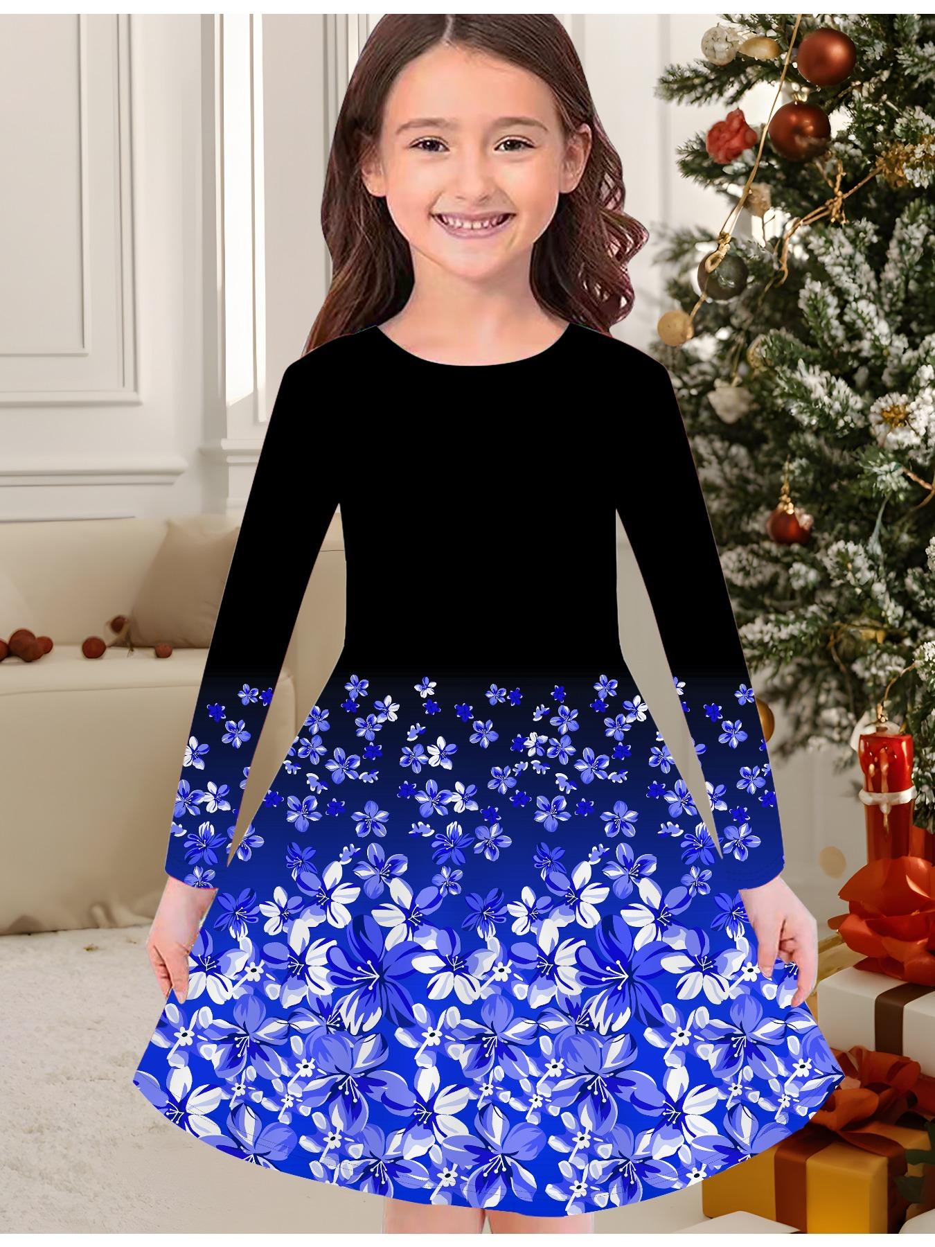 

Модное осенне-зимнее платье для девочек, платье-футболка с длинным рукавом и круглым вырезом, с 3D цветочным принтом, повседневное, универсальное, рождественская одежда 170 темно-синий