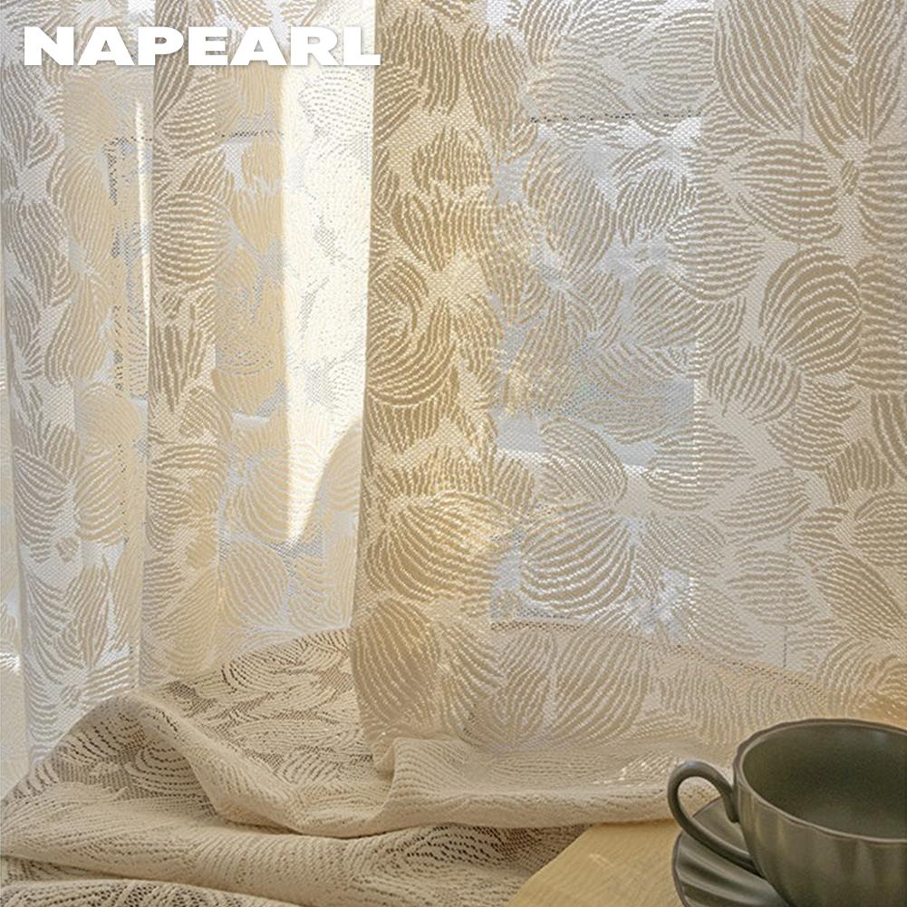1PC NAPEARL Romantic and Exquisite French Hollow Transparent Tulle Beige Jacquard Sheer Curtain for Living Room Bedroom Balcony Window Home Decor