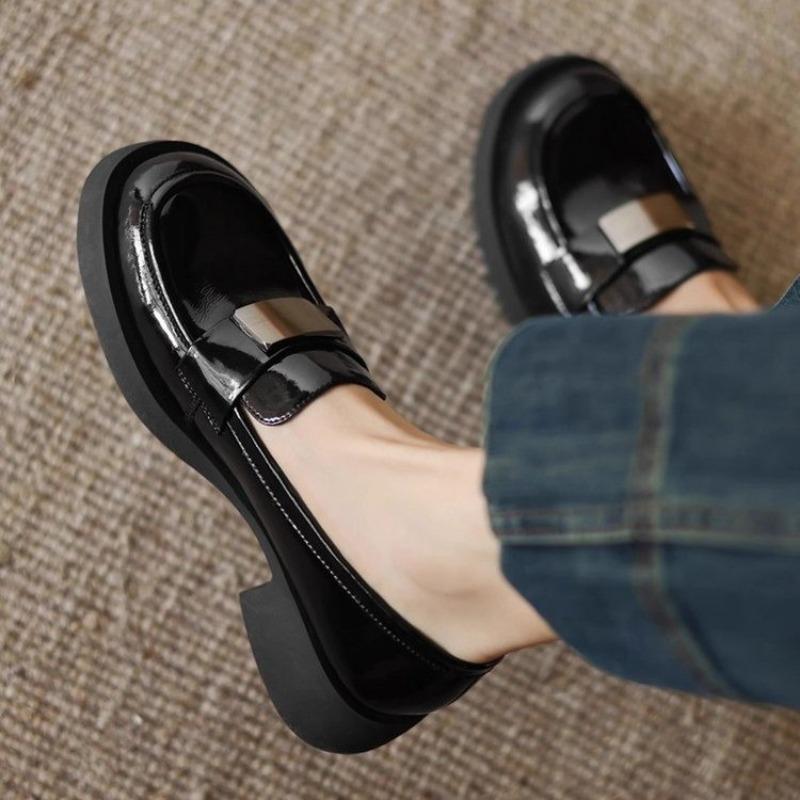 Fashion 2025 Women Thick High Heel Loafers Genuine Leather Round Toe Ladies Patent Leather Trend Casual Shoes