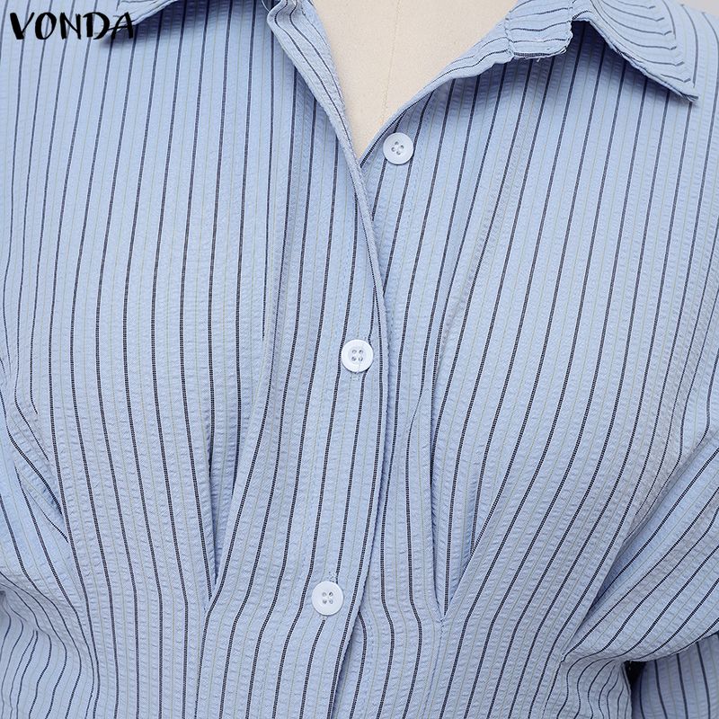 VONDA Women Turn Down Collar Long Sleeve Striped Print Slim Waist Casual Blouse Shirts