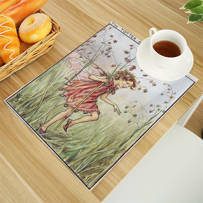 The Fairies Of The Winter Print Linen Dining Table Mats Alphabet Kitchen Placemat 30X45cm Coasters Pads Bowl Cup Mat