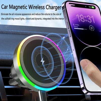 Magnetische Draadloze Autolader Luchtuitlaat Beugel Clip Telefoonhouder Standaard RGB Licht Voor iPhone 16 15 14 13 12 Pro Max Snelladen