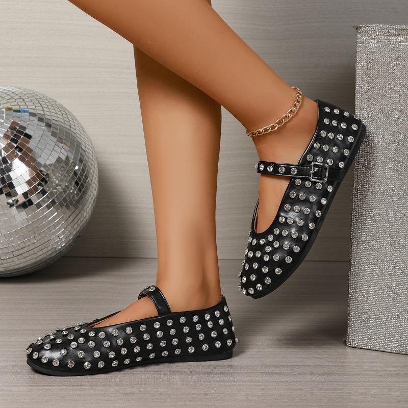 Luxury Crystal Rhinestone Fishnet Ballet Flats Woman Brand Design Rivet Studs Mesh Mary Jane Shoes Ladies Summer Cut Out Loafers