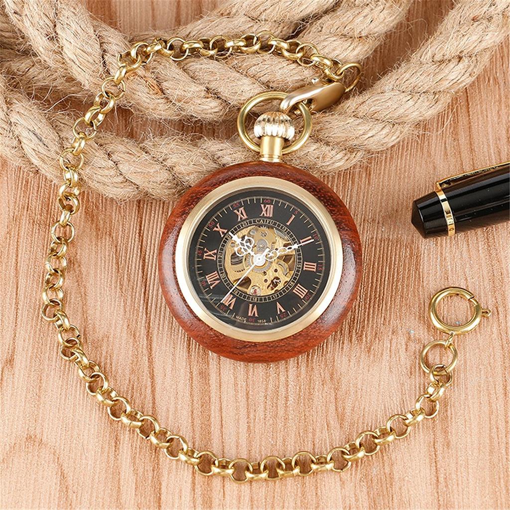 TREEWETO Orologio da Tasca Meccanico in Legno con Numeri Romani a Faccia Aperta Orologio da Taschino Uomo Donna Signora