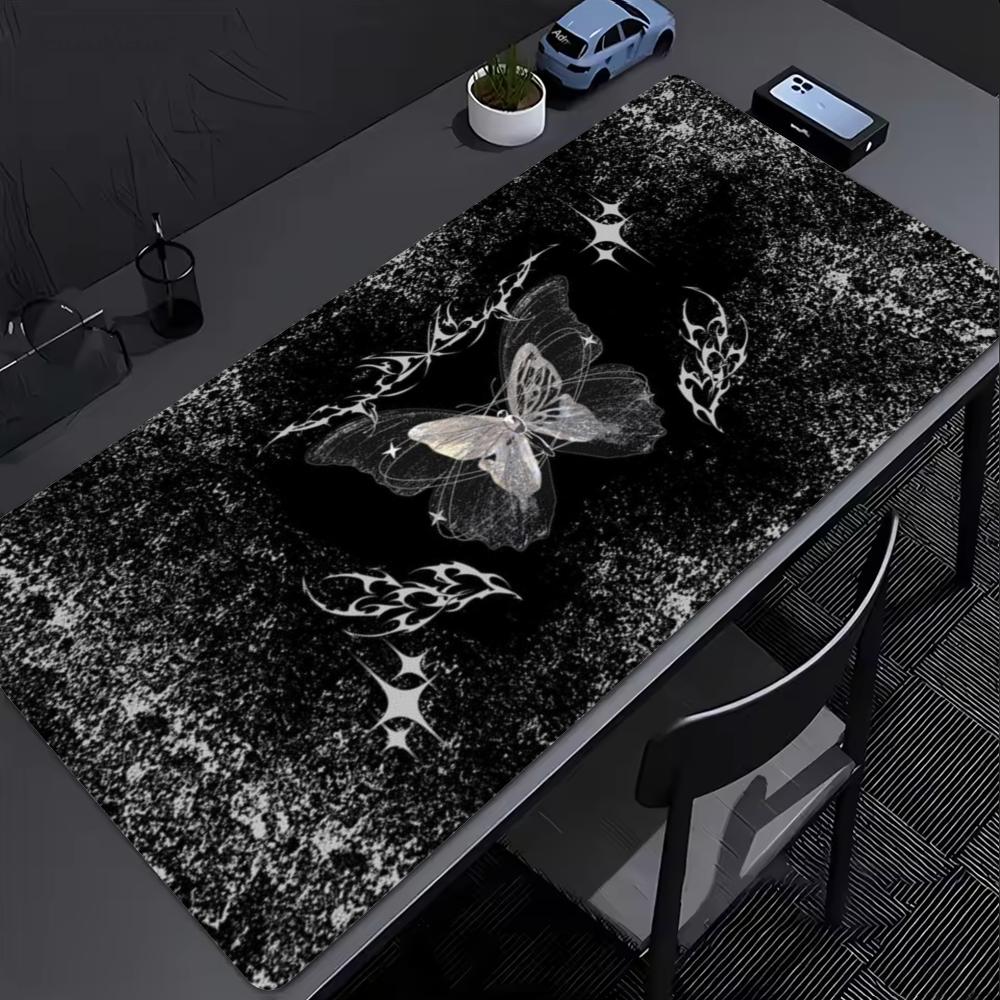 Gaming Mouse Pad Black White Gothic Butterfly Moth Pattern Deskmat Non-Slip Rubber Keyboard Mat Grunge XXL Desktop Table Mat