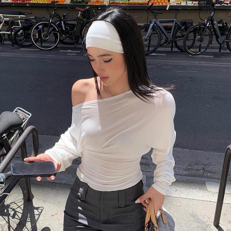 

Solid Inclined Shoulder Batwing Long Sleeve T-shirts Tops 2026 Autumn Women Fashion Sexy Backless Slim Casual Streetwear Tees L білий