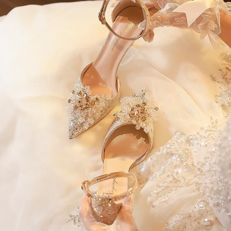 High heels women's summer 2025 new beautiful one-word strap with skirt wedding shoes pointed thin heel light mouth sandals women
