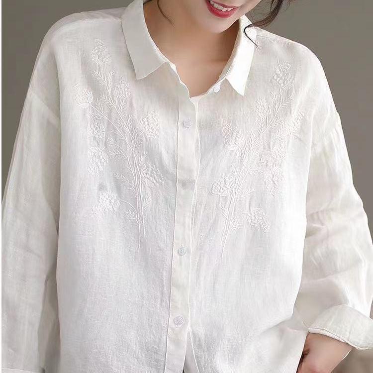 

2024 Женский ретро-топ с вышитыми лацканами и длинными рукавами из льна L белый