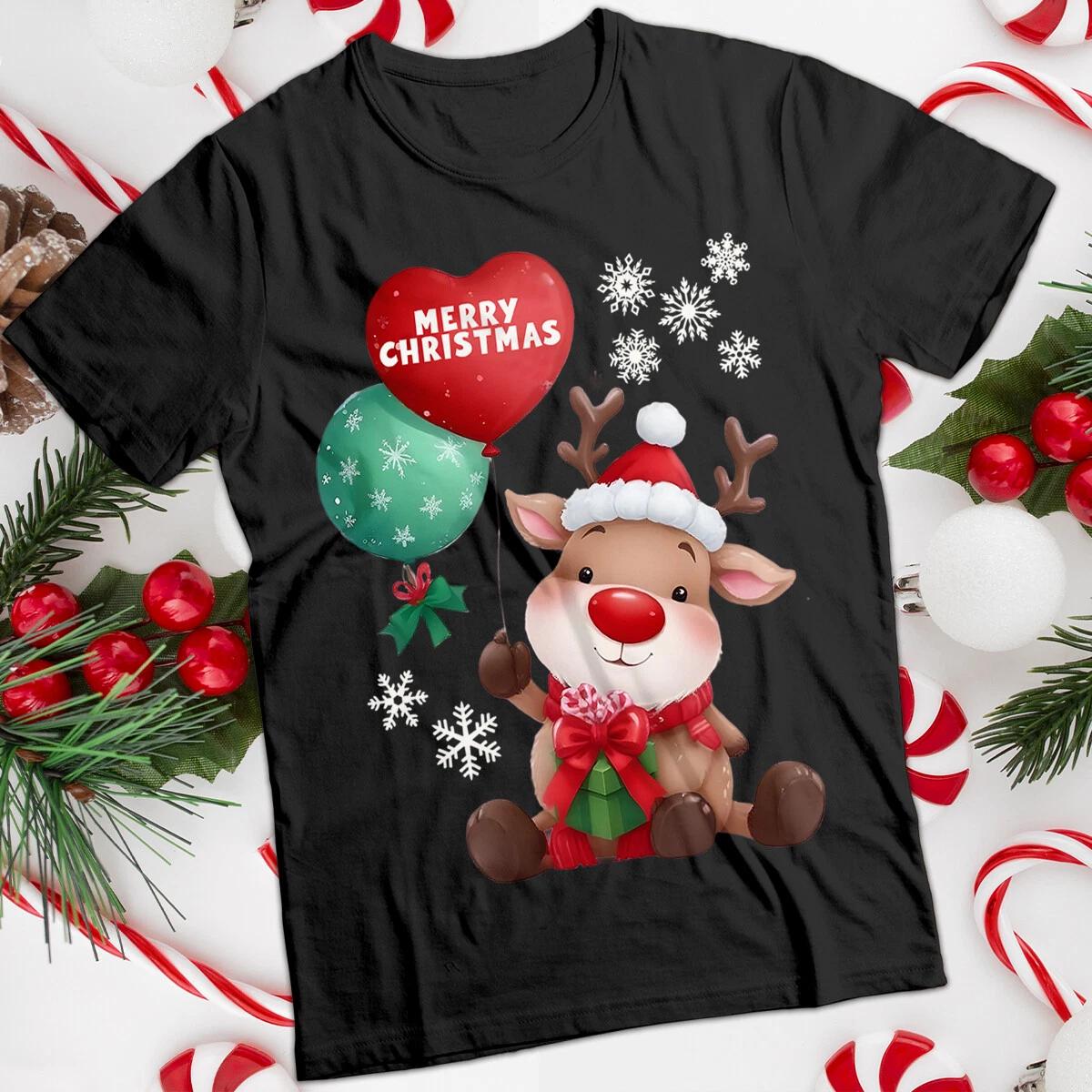 Funny Santa Hat Cute Reindeer Christmas T-Shirt Tee 120