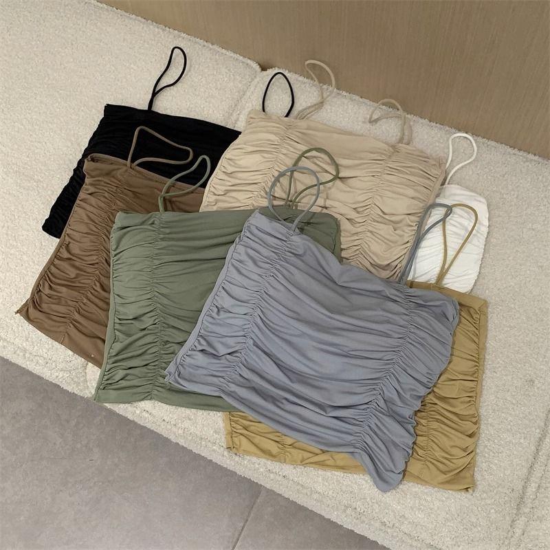 Wrinkled Camisole Vest for Women Strapless Off The Shoulder Wearing Ice Silk Thin Short Top for Summer