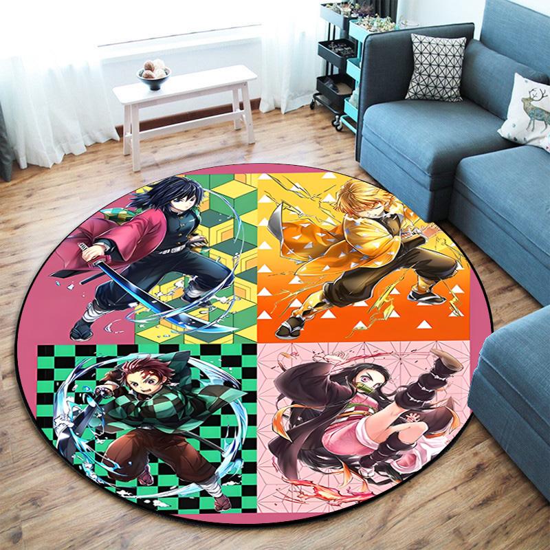 Classic Japanese-style Cartoon Demon Slayer Round Rug, Home Soft Decorative Anti-slip Yoga Mat and Chair Mat, Outdoor Floor Mat Carpet K12