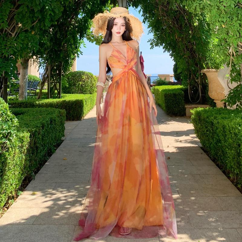 Island Vacation Dress Orange Floral Suspender Backless Thin Dress Seaside Beach Dress Women S