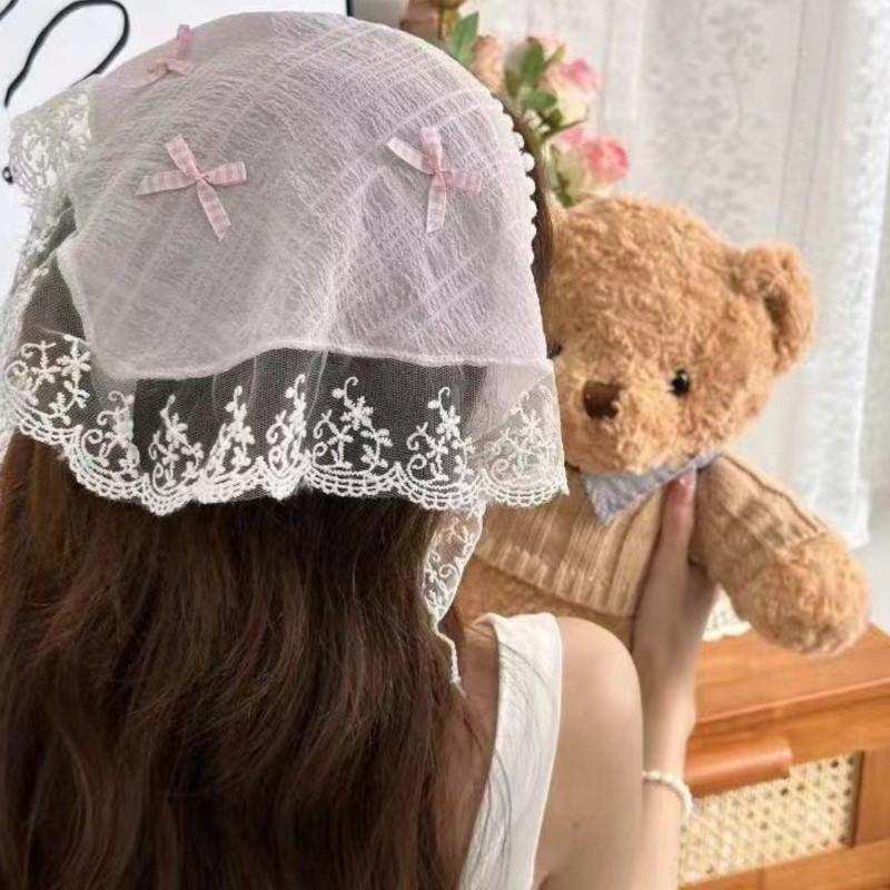 Koreanische Spitze Schleife Retro Dreieckstuch Einfarbig Kopftuch Trend Elegant Kopfbedeckung für Frauen Mädchen Y2K Schmuck 2024 INS Bandana