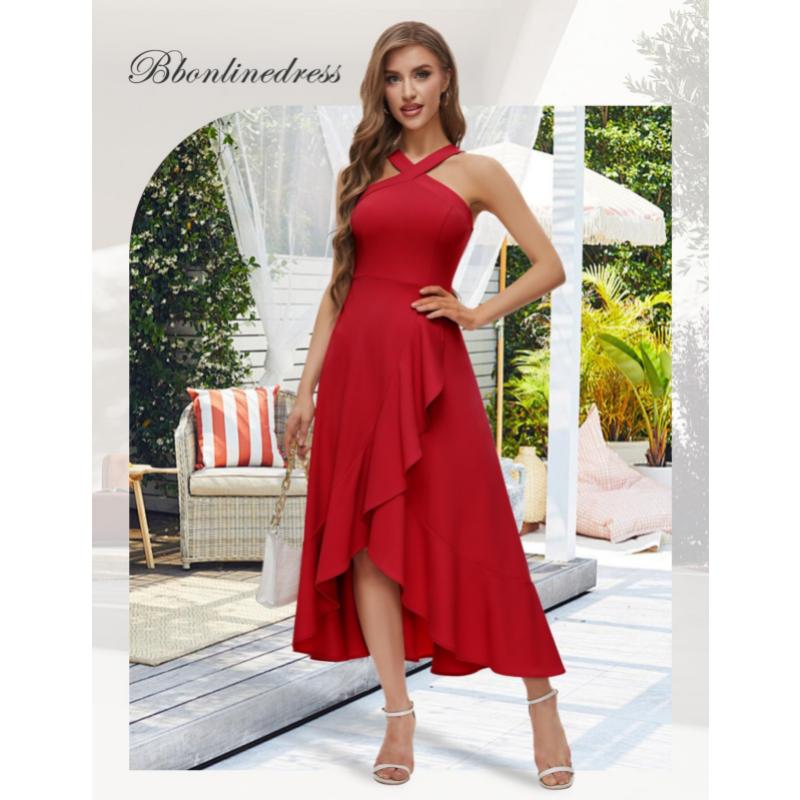 Vestido Midi Sexy Rojo para Mujer con Cruces en el Cuello Halter Volantes Dobladillo Asimétrico Sin Mangas Elegante para Noche Cóctel Boda Dama de Honor Fiesta Formal Baile de Fin de Curso
