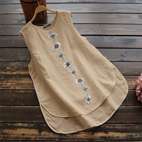 Women O Neck Sleeveless Tank Tops Floral Printed Cotton Linen T-Shirt